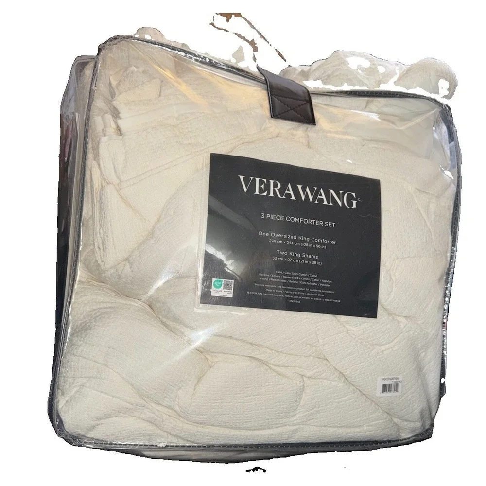 Vera Wang Oversized KING Comforter & Shams Basketweave 3-piece Set WHITE